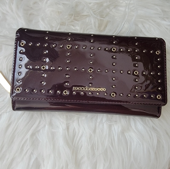 NWT Patent Leather Wine Red and Gold Studded Roccobarocco Wallet and Clutch - Picture 2 of 7